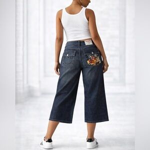 True Religion Vintage Embroidered Buddha Jeans Sz 36x28 Cropped Wide Leg Rare
